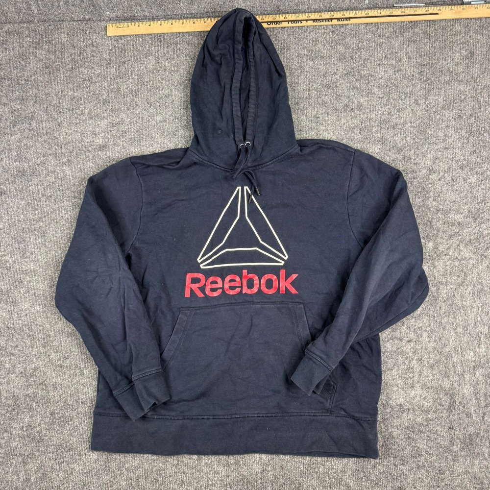 Reebok Hoodie Mens Size L Navy Blue Graphic Logo Pullover Athletic Sweatshirt